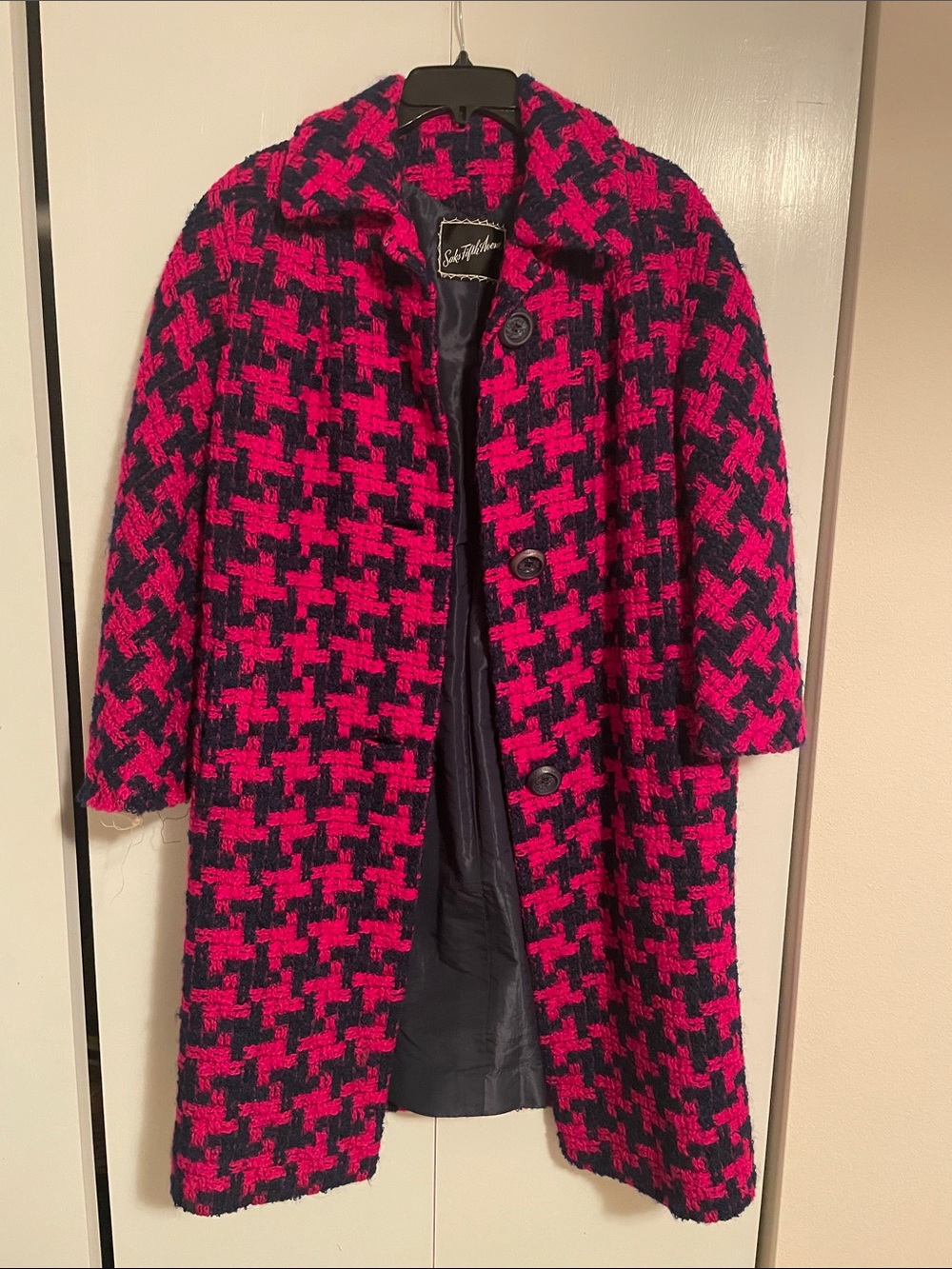 Saks Fifth Avenue ILGWU Pink/Berry and Blue Houndstooth Pea Coat